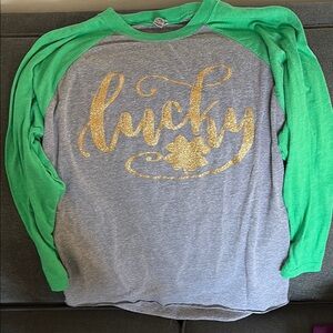 Green and Gray Long Sleeve Tee with Gold Script